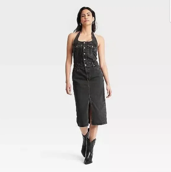 black denim midi dress Ruffle Denim Midi Dress - Black Wash main image 0
